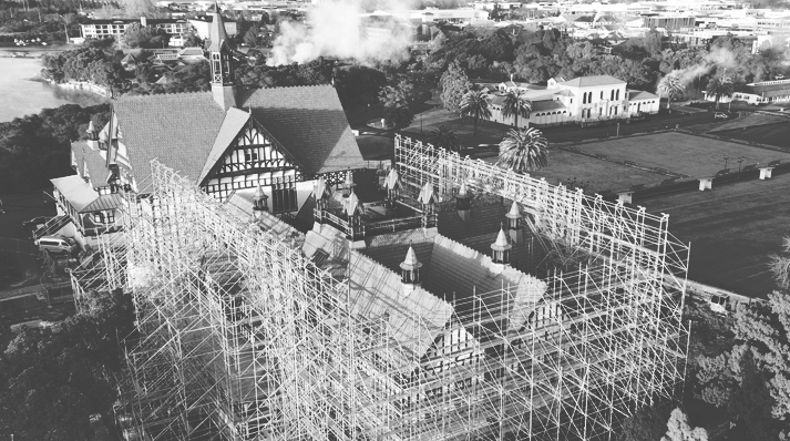 Rotorua Museum, heritage building under scaffolding during redevelopment